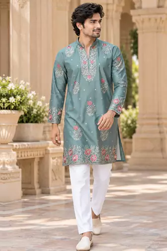 Men's dusty teal zari thread embroidery work kurta pajama