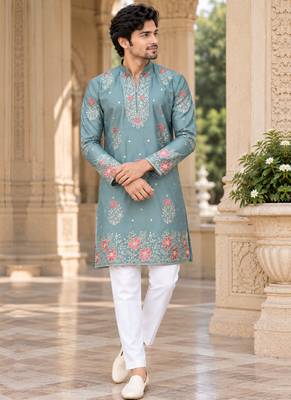 Men's dusty teal zari thread embroidery work kurta pajama 4