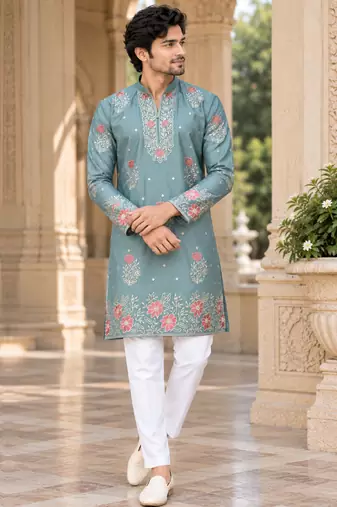 Men's dusty teal zari thread embroidery work kurta pajama