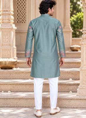Men's dusty teal zari thread embroidery work kurta pajama 5