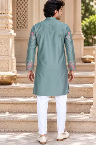 Men's dusty teal zari thread embroidery work kurta pajama