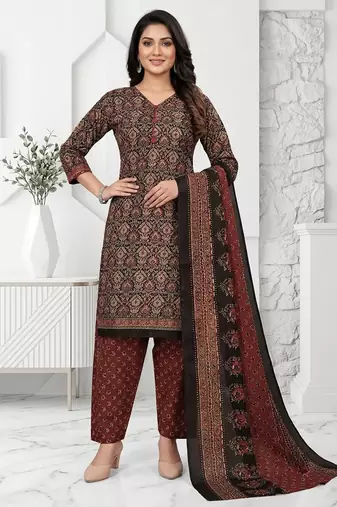 Brown printed cotton blend stitched ethnic motifs print salwar kurta dupatta for women
