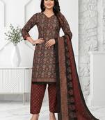 Brown printed cotton blend stitched ethnic motifs print salwar kurta dupatta for women