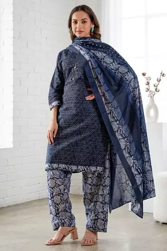 Blue printed cotton blend stitched geometric print salwar kurta dupatta for women