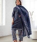 Blue printed cotton blend stitched geometric print salwar kurta dupatta for women