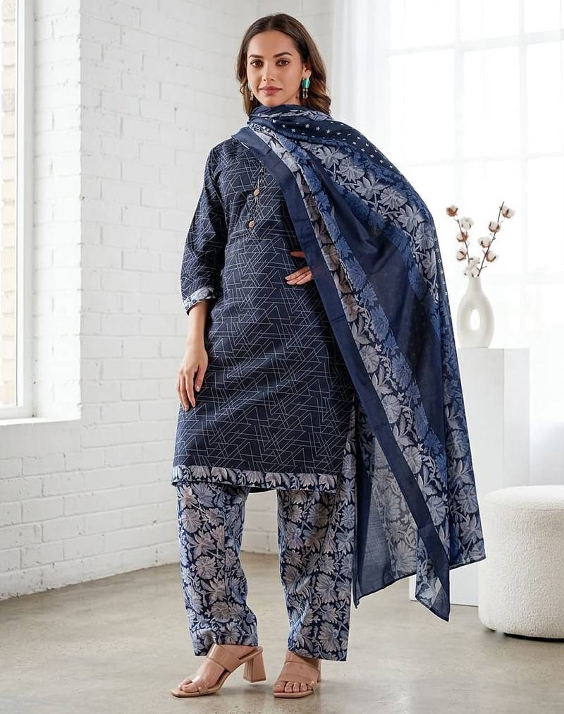 Blue printed cotton blend stitched geometric print salwar kurta dupatta for women