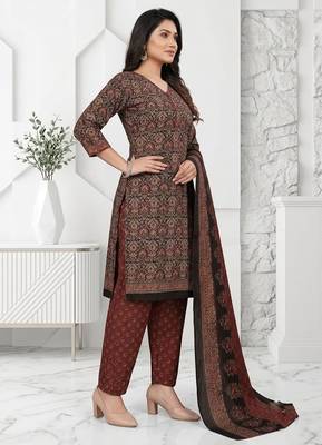 Brown printed cotton blend stitched ethnic motifs print salwar kurta dupatta for women 2