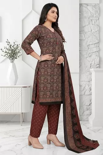 Brown printed cotton blend stitched ethnic motifs print salwar kurta dupatta for women