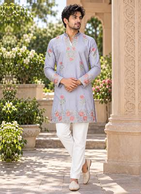 Men's lavender zari thread embroidery work kurta pajama 1