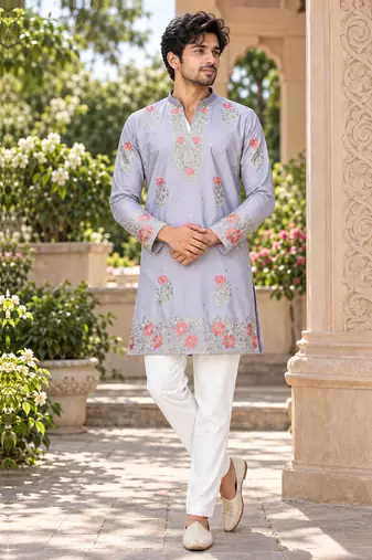Men's lavender zari thread embroidery work kurta pajama