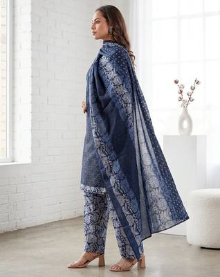 Blue printed cotton blend stitched geometric print salwar kurta dupatta for women 2