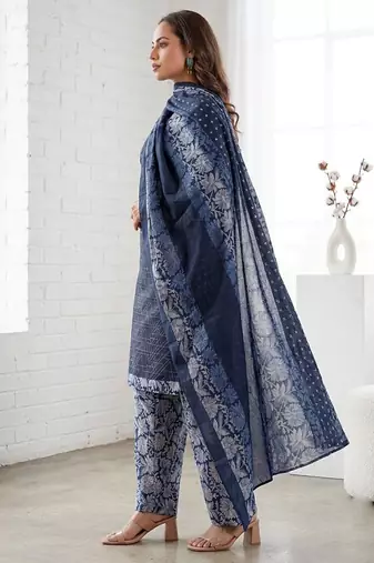 Blue printed cotton blend stitched geometric print salwar kurta dupatta for women