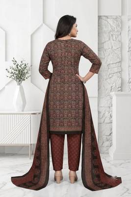 Brown printed cotton blend stitched ethnic motifs print salwar kurta dupatta for women 3