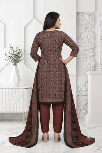 Brown printed cotton blend stitched ethnic motifs print salwar kurta dupatta for women