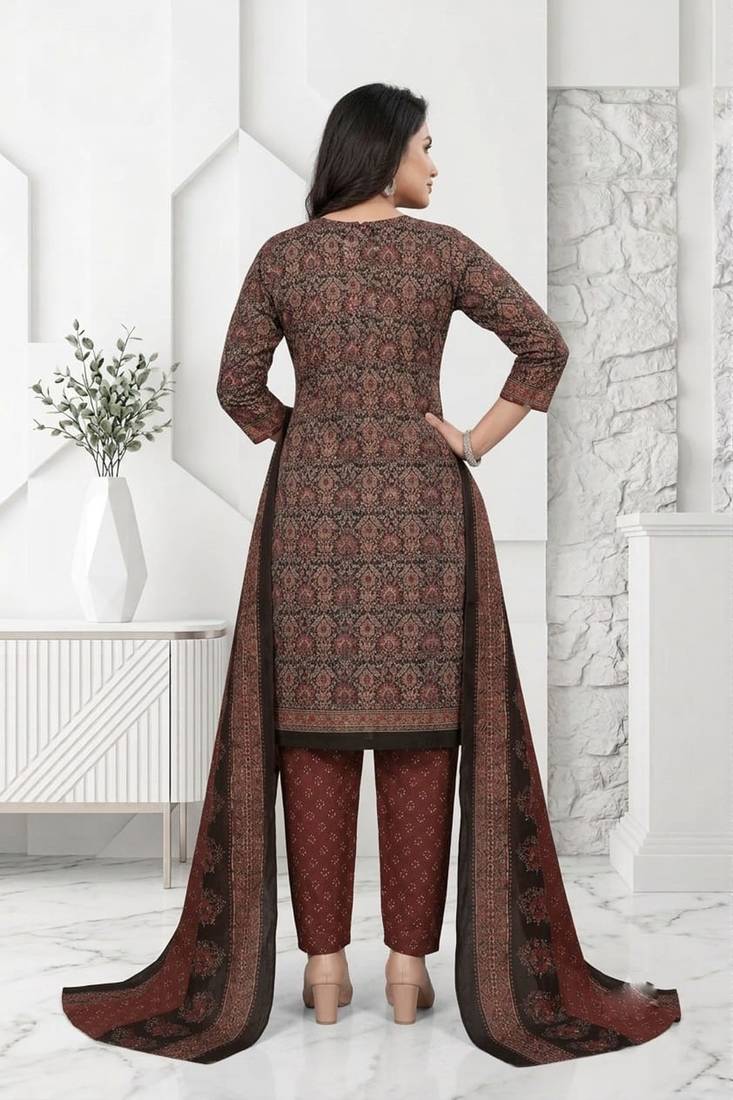 Brown printed cotton blend stitched ethnic motifs print salwar kurta dupatta for women