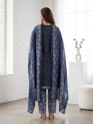 Blue printed cotton blend stitched geometric print salwar kurta dupatta for women 3