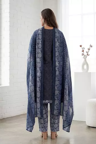 Blue printed cotton blend stitched geometric print salwar kurta dupatta for women