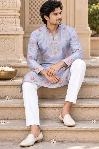 Men's lavender zari thread embroidery work kurta pajama