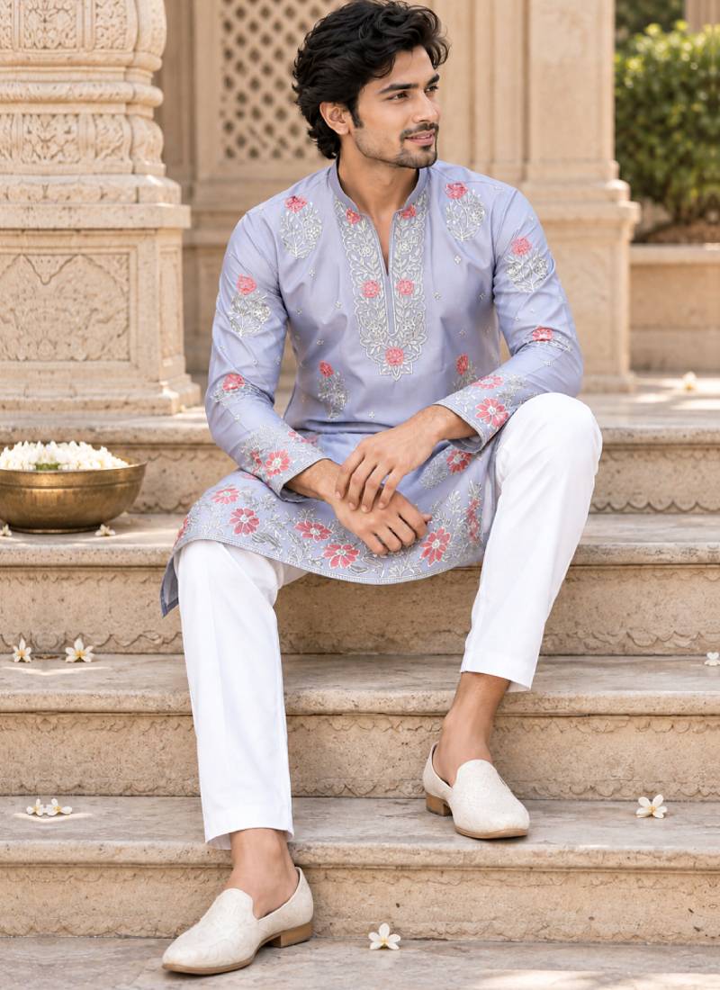 Men's lavender zari thread embroidery work kurta pajama