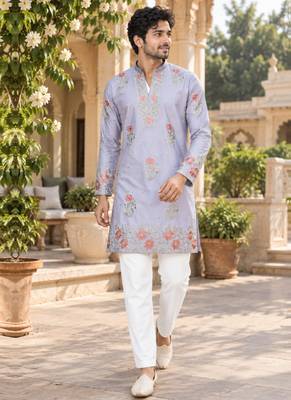 Men's lavender zari thread embroidery work kurta pajama 3