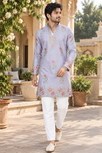 Men's lavender zari thread embroidery work kurta pajama