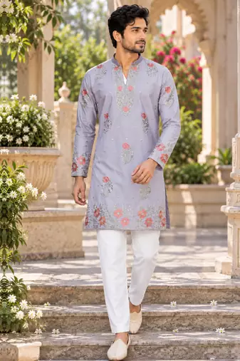 Men's lavender zari thread embroidery work kurta pajama