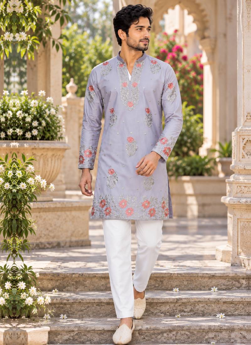 Men's lavender zari thread embroidery work kurta pajama