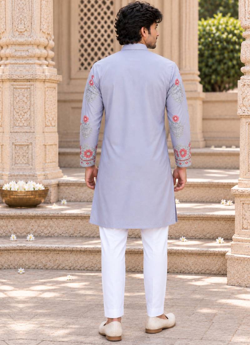 Men's lavender zari thread embroidery work kurta pajama
