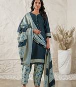 Teal printed cotton blend stitched geometric print salwar kurta dupatta for women
