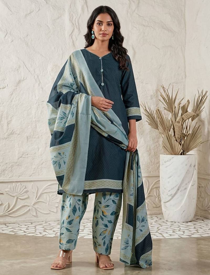 Teal printed cotton blend stitched geometric print salwar kurta dupatta for women