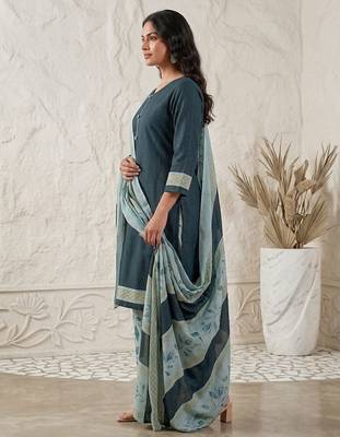 Teal printed cotton blend stitched geometric print salwar kurta dupatta for women 2