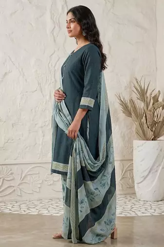 Teal printed cotton blend stitched geometric print salwar kurta dupatta for women