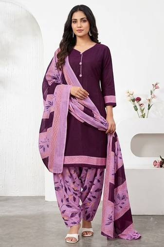 Purple printed cotton blend stitched geometric print salwar kurta dupatta for women