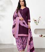 Purple printed cotton blend stitched geometric print salwar kurta dupatta for women