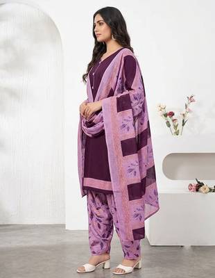 Purple printed cotton blend stitched geometric print salwar kurta dupatta for women 2