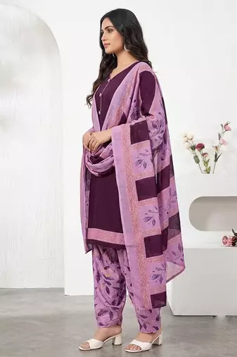 Purple printed cotton blend stitched geometric print salwar kurta dupatta for women