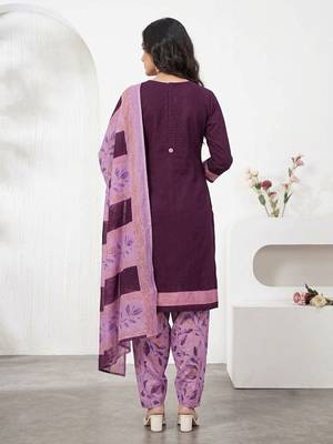 Purple printed cotton blend stitched geometric print salwar kurta dupatta for women 3