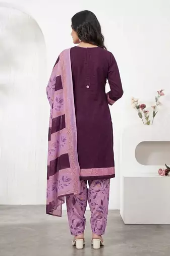 Purple printed cotton blend stitched geometric print salwar kurta dupatta for women