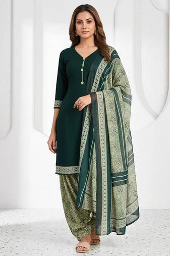 Green printed cotton blend stitched geometric print salwar kurta dupatta for women