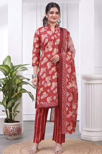 Red printed cotton blend stitched floral print salwar kurta dupatta for women