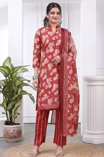 Red printed cotton blend stitched floral print salwar kurta dupatta for women