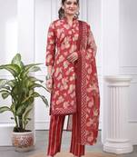 Red printed cotton blend stitched floral print salwar kurta dupatta for women