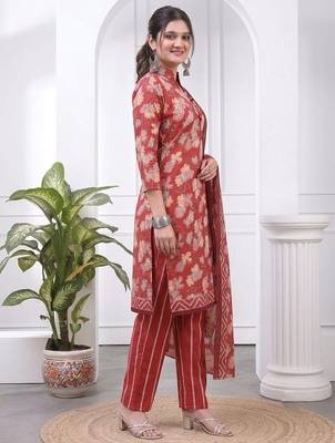 Red printed cotton blend stitched floral print salwar kurta dupatta for women 2