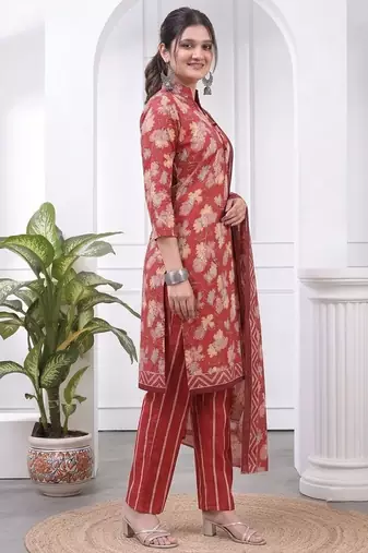 Red printed cotton blend stitched floral print salwar kurta dupatta for women