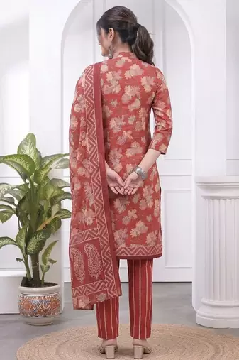 Red printed cotton blend stitched floral print salwar kurta dupatta for women