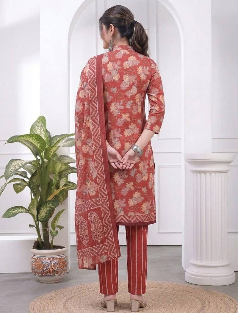 Red printed cotton blend stitched floral print salwar kurta dupatta for women