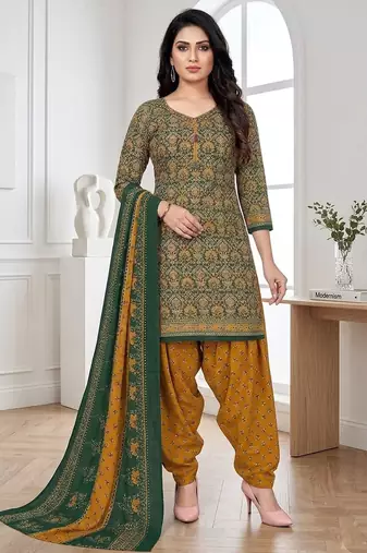 Green printed cotton blend stitched ethnic motifs print salwar kurta dupatta for women