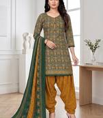Green printed cotton blend stitched ethnic motifs print salwar kurta dupatta for women