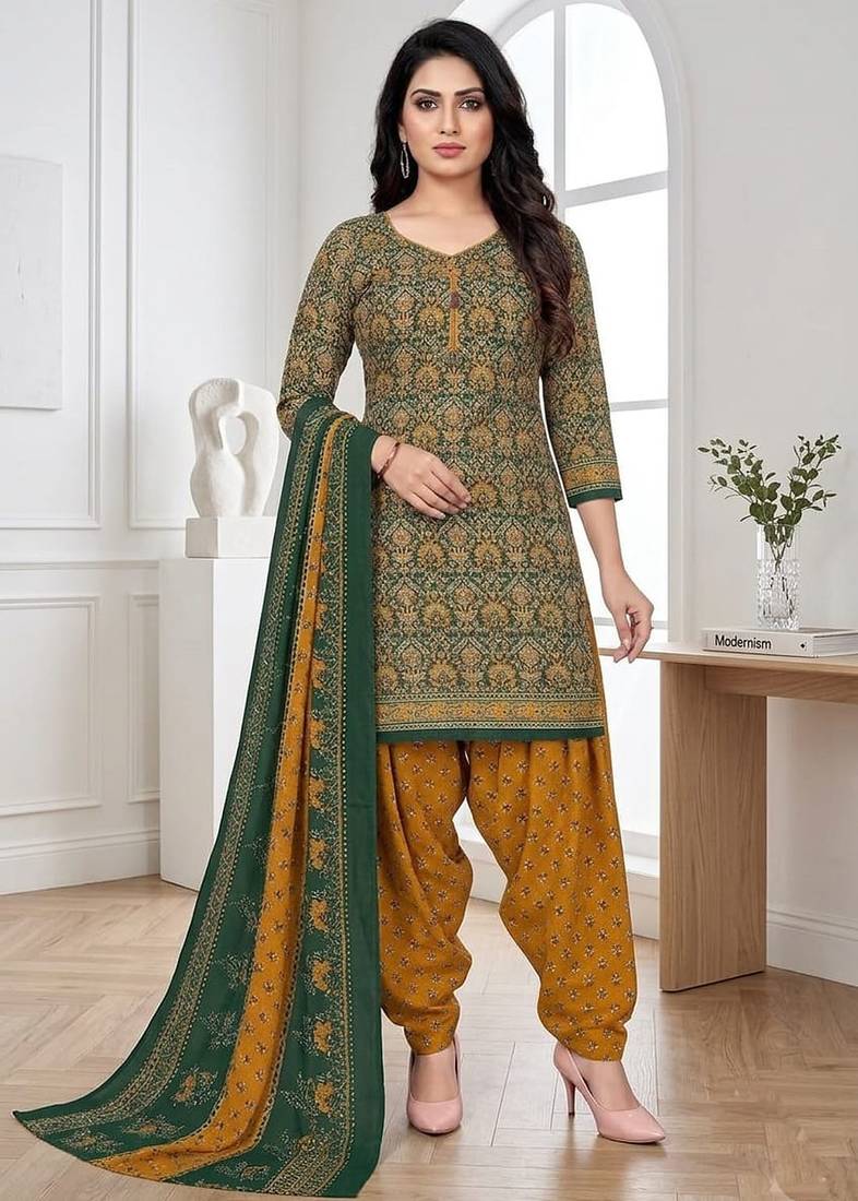 Green printed cotton blend stitched ethnic motifs print salwar kurta dupatta for women