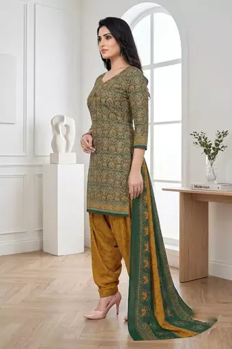Green printed cotton blend stitched ethnic motifs print salwar kurta dupatta for women